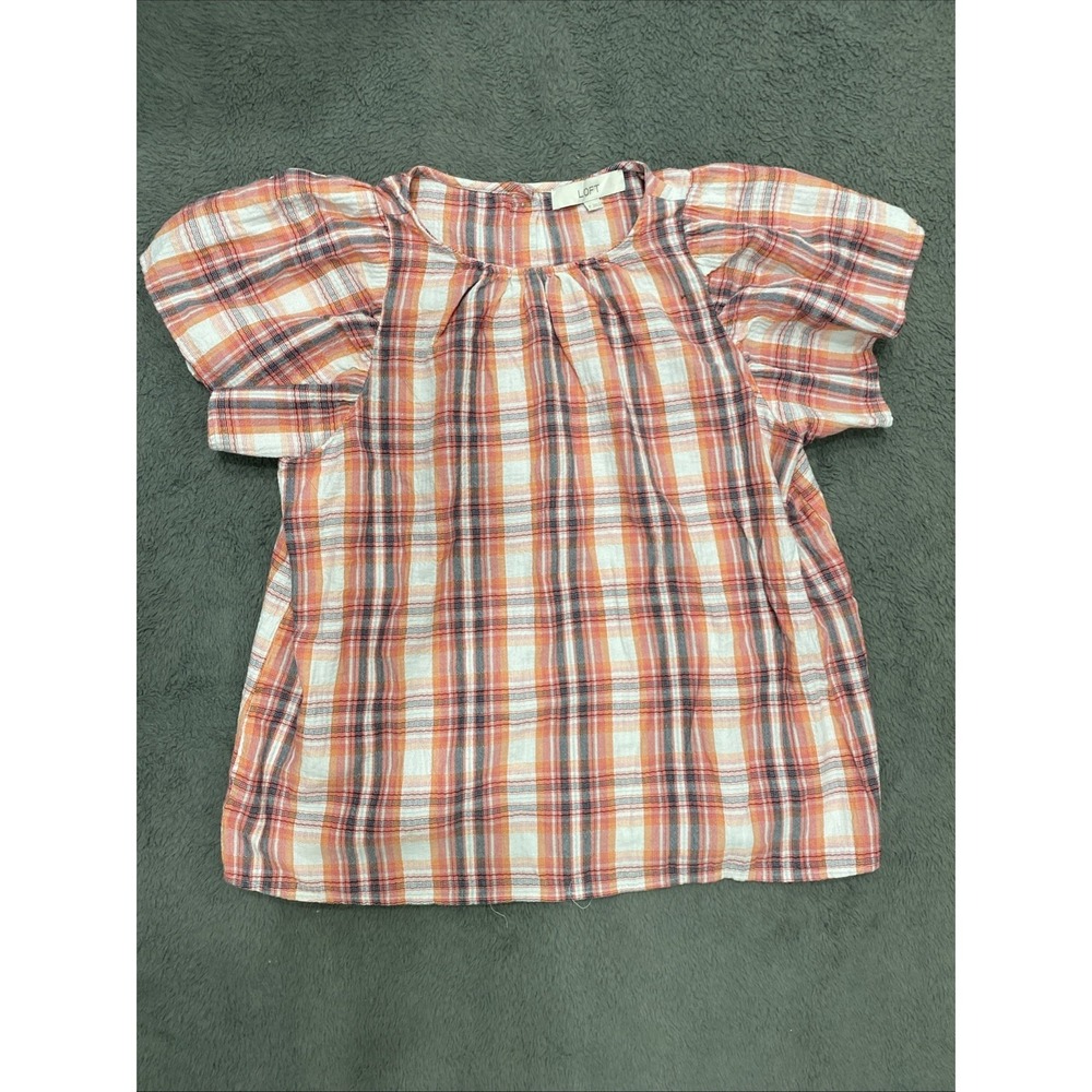 Loft Plaid Cotton Blouse Shirred Neck Puff Sleeve Button Back Orange Red M
